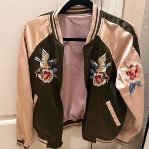 Embroidered Olive and Pink Women's Bomber Jacket